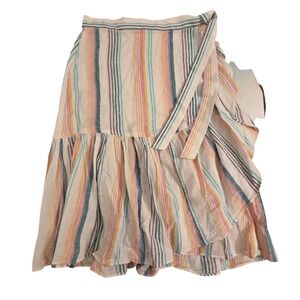Chaps Petite Striped Linen Blend Wrap Skirt Multi‎ Color Ruffle Midi PM/M